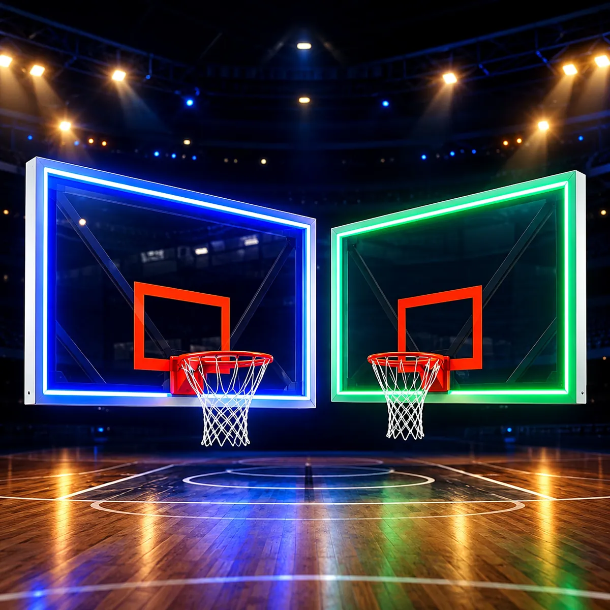 Tablero de basquetbol de acrílico 12 mm con luz LED en el contorno, en azul y verde