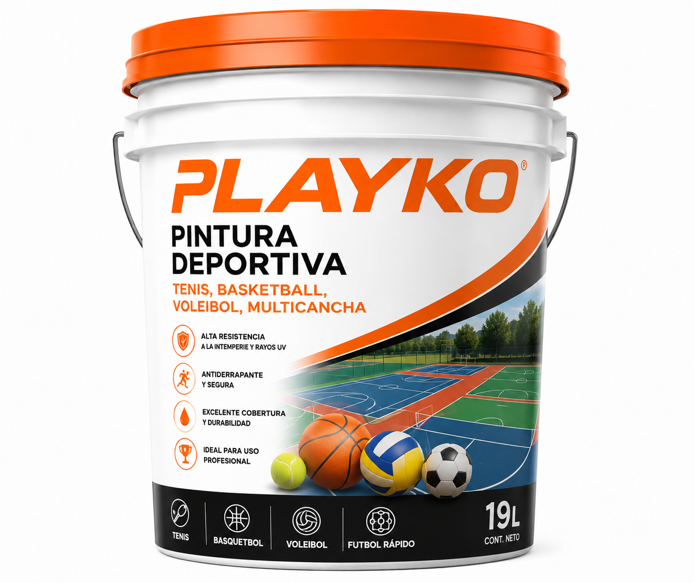 Cubeta 19L Pintura Acrílica Antiderrapante PLAYKO para canchas deportivas — tenis, basquetbol, voleibol, multicancha
