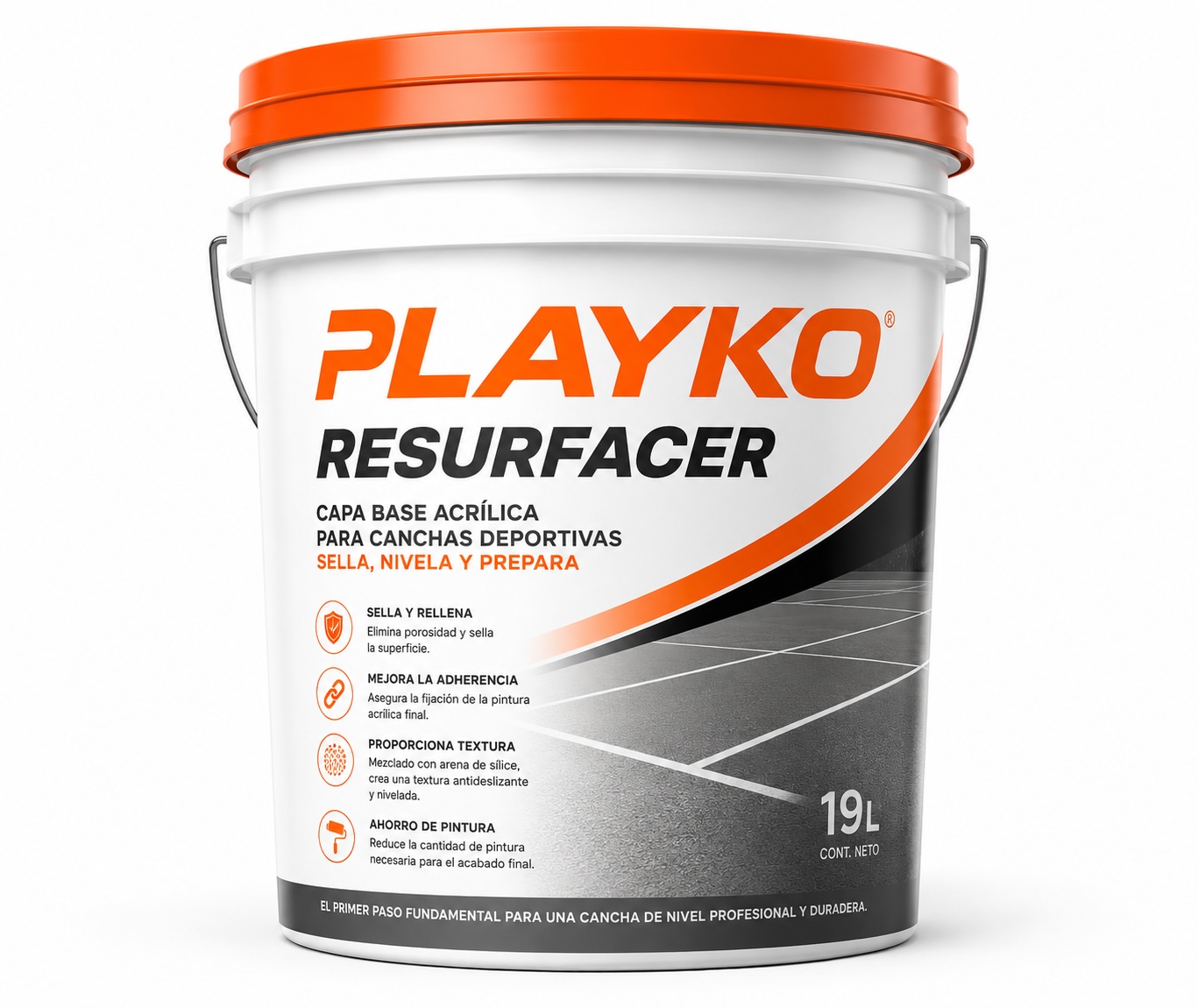 Cubeta 19L PLAYKO Resurfacer — capa base acrílica para canchas deportivas, sella nivela y prepara