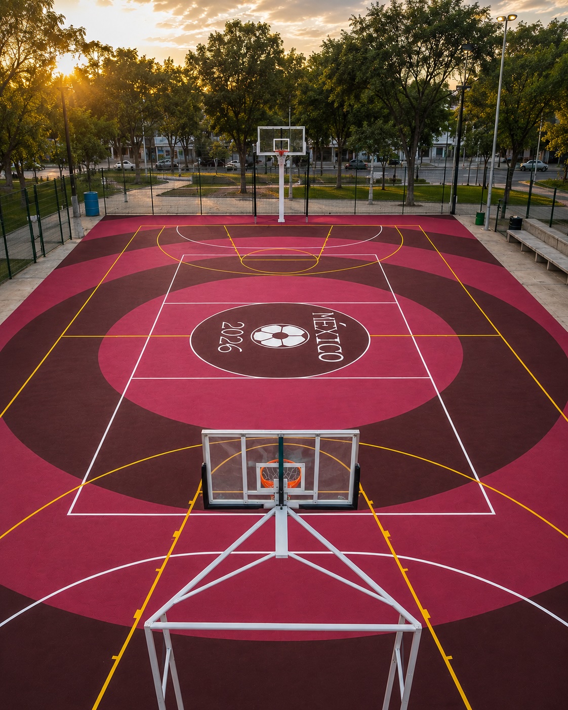 Cancha multicancha basquetbol y fútbol pintada en vino con escudo México 2026 por PLAYKO