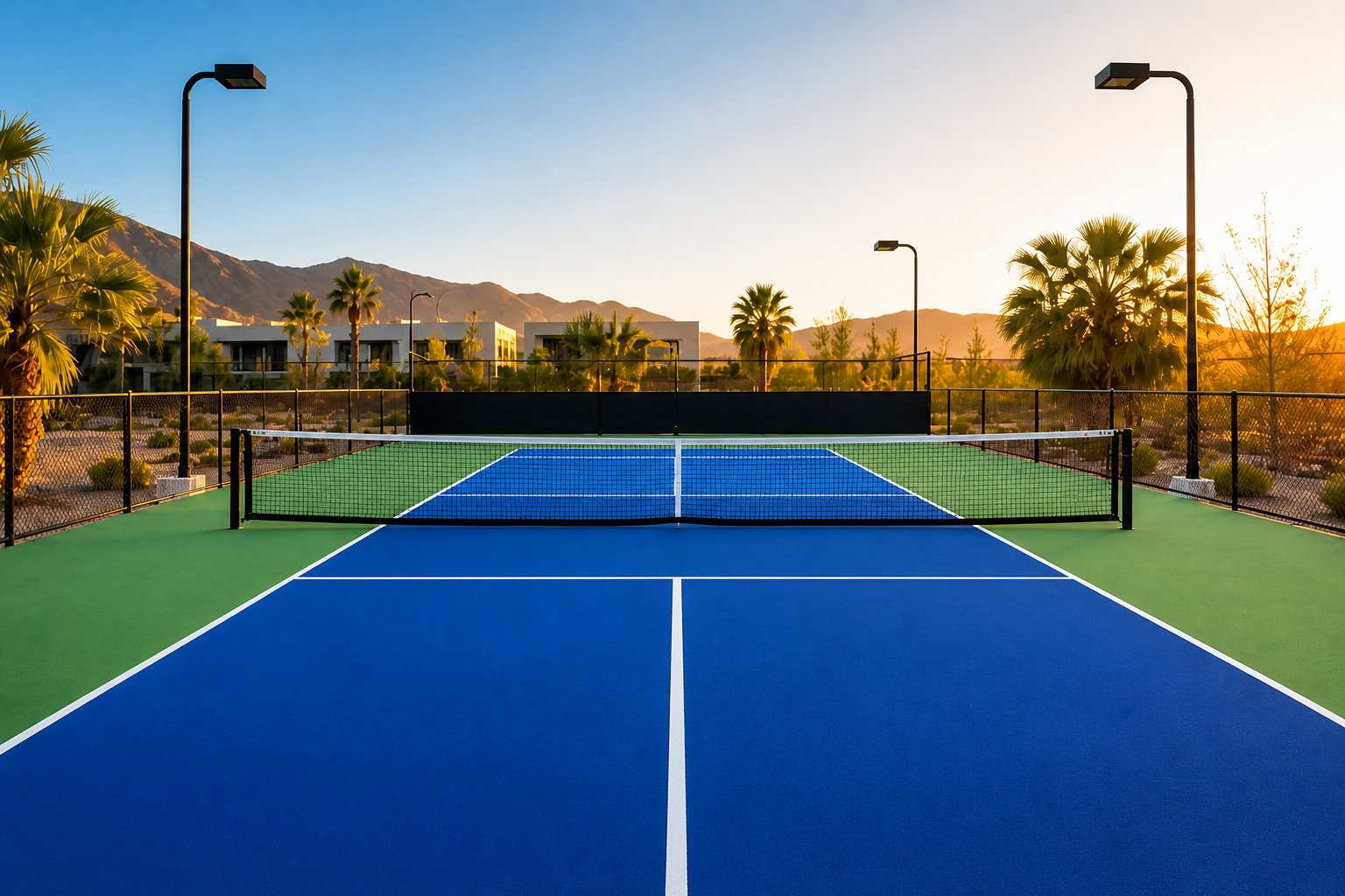 Cancha de pickleball pintada con trazos oficiales por PLAYKO México como referencia de acabado