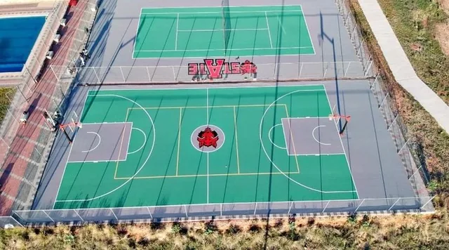 Vista aérea de las canchas de Arkansas State University, Campus Querétaro, pintadas por PLAYKO